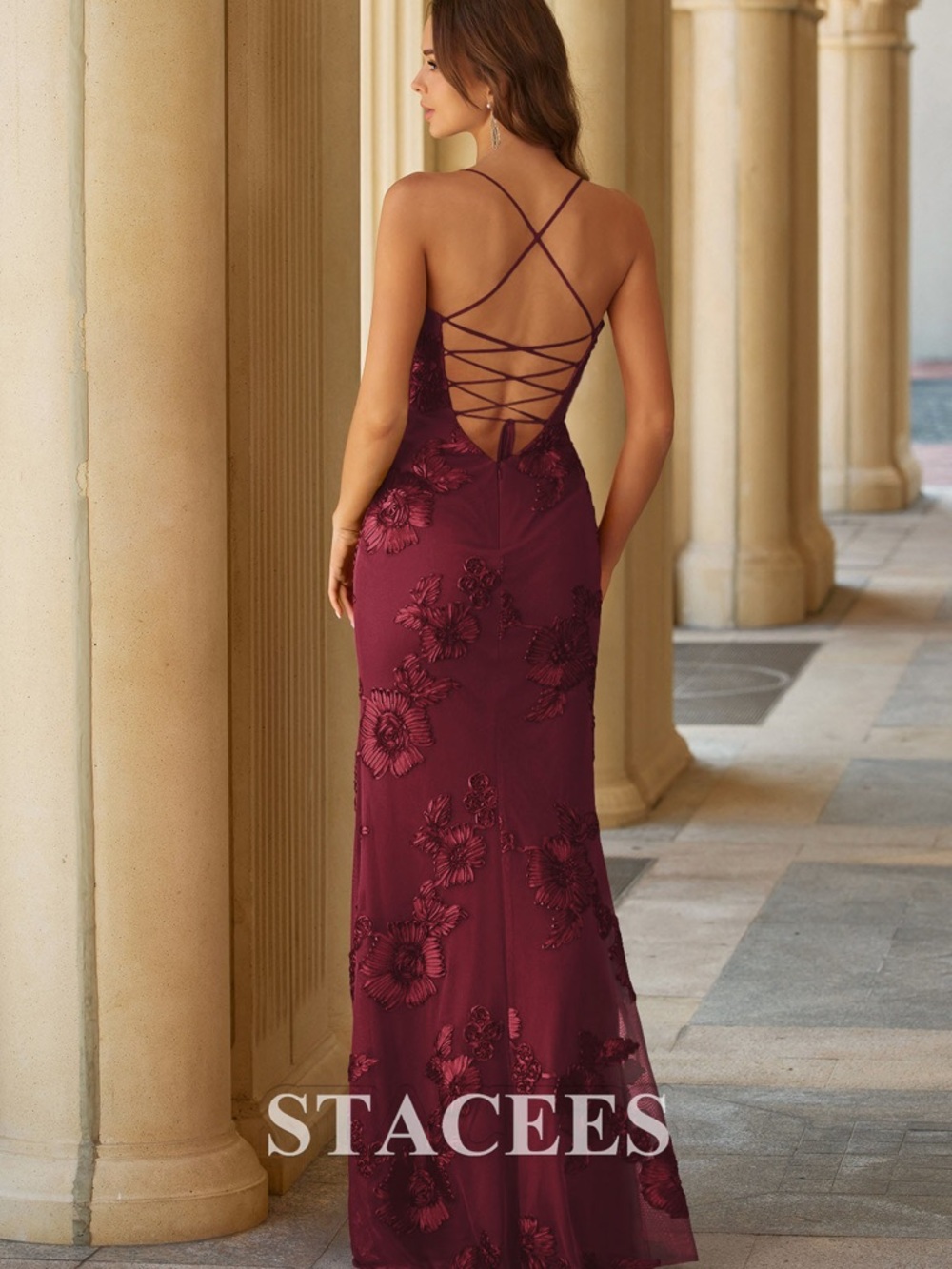 Stacees Burgundy Fitted Floral Jacquard Spaghetti Strap Prom Gown with Open Back - Picture 4 of 6
